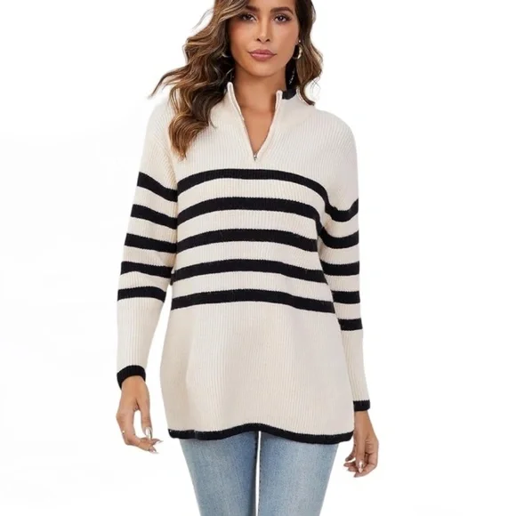 Striped Half Zip Side Slit Relaxed Casual Pullover Sweater - Picture 4 of 16